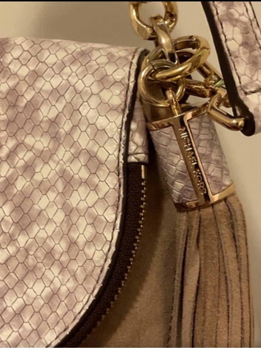 Michael Kors Bedford Taupe Snake-Print and Suede Shoulder Crossbody EUC - Picture 5 of 9